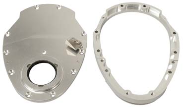 SB Chevrolet 2pc timing cover with BB snout. - Click Image to Close